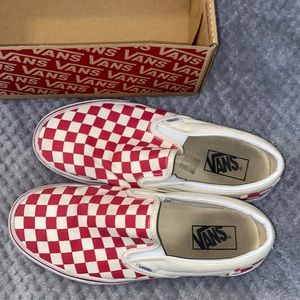 Size 10 Women’s red checkered slip on Vans